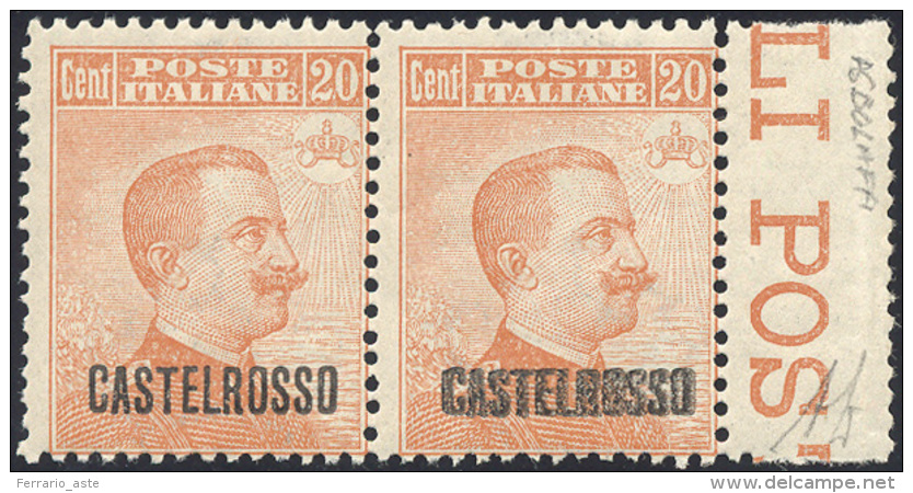 1922 - 20 Cent. Michetti, Doppia Soprastampa In Coppia Con Il Normale (4a,4), Gomma Originale Integr... - Castelrosso