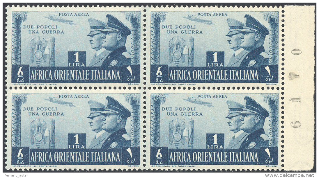 POSTA AEREA 1941 - Fratellanza D'armi (20), Blocco Di Quattro, Bordo Di Foglio, Gomma Originale Inte... - Africa Orientale Italiana