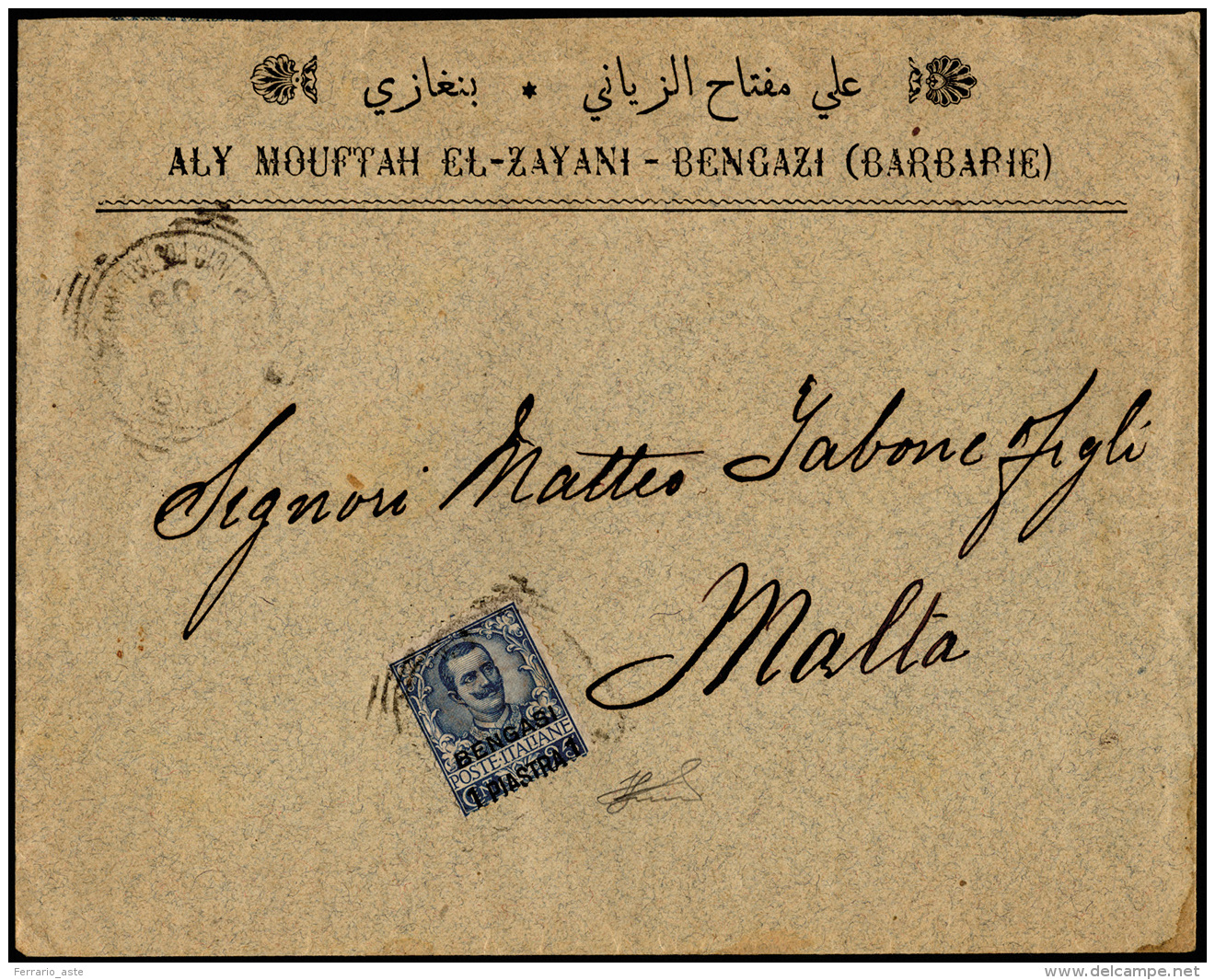 BENGASI 1909 - 1 Pi. Su 25 Cent. Floreale (1), Perfetto, Su Busta Da Bengasi Per Malta. Ferrario. ... - Autres & Non Classés