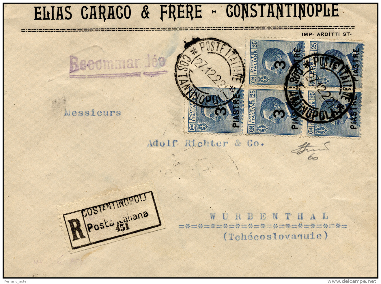 COSTANTINOPOLI 1922 - 3 Pi. Su 25 Cent. Azzurro, VIII Emissione Locale (60), Blocco Di Cinque, Perfe... - Autres & Non Classés