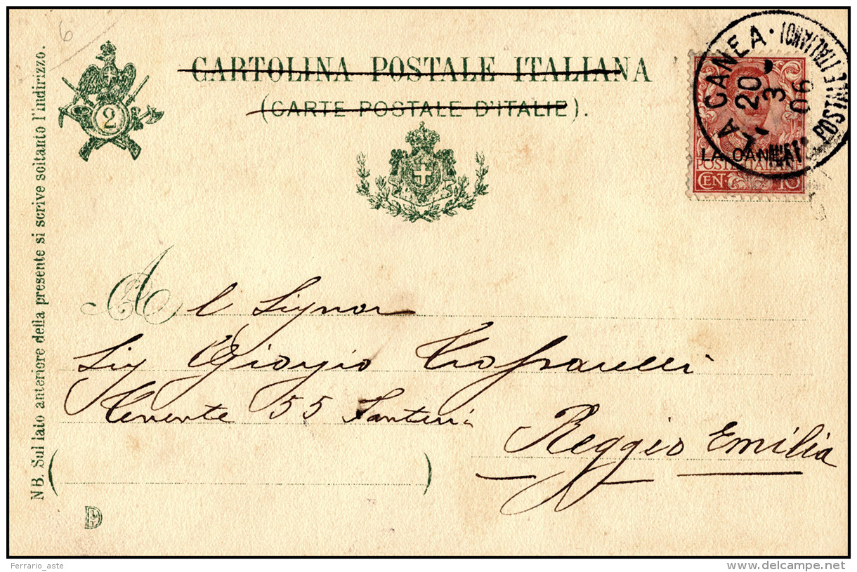 LA CANEA 1906 -10 Cent. Floreale Soprastampato (6), Perfetto, Su Cartolina Da La Canea 20/3/1906 A R... - Autres & Non Classés