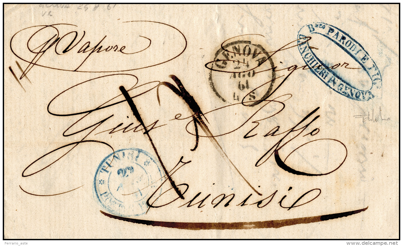 TINISI 1861 - Lettera Da Genova Del 24/8/1861 Per Tunisi, Bollo D. C. Di Arrivo In Azzurro "Tunisi/P... - Autres & Non Classés