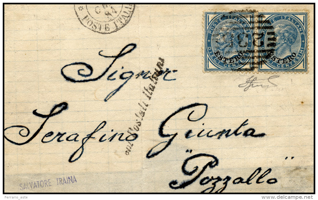 EMISSIONI GENERALI 1884 - 10 Cent. Azzurro, Soprastampato (10), Coppia Perfetta, Su Fronte/retro Di ... - Autres & Non Classés