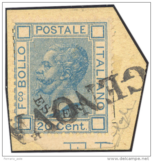 EMISSIONI GENERALI 1874 - 20 Cent. Azzurro (5), Perfetto, Su Piccolo Frammento, Annullato In Arrivo ... - Autres & Non Classés