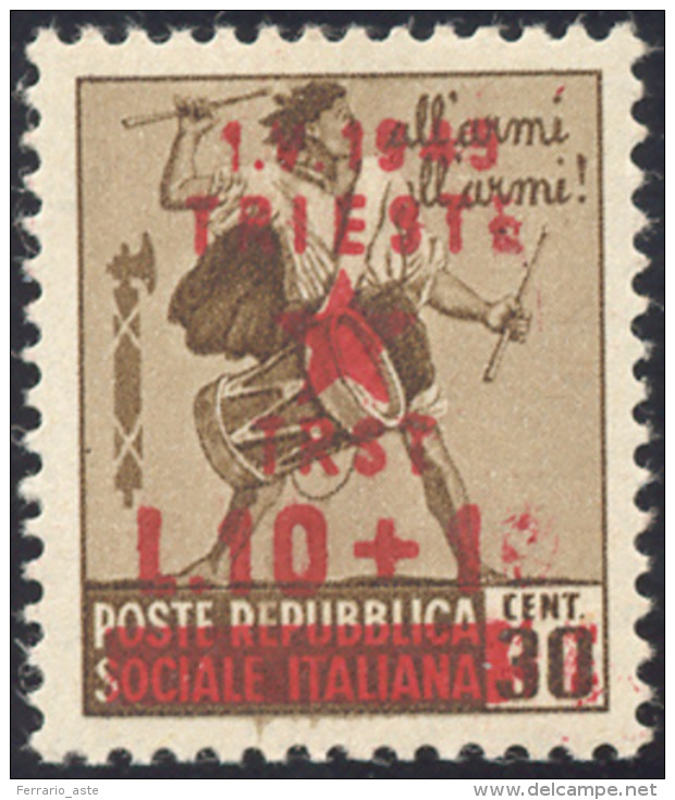 TRIESTE 1945 - 10 + 10 L. Su 30 Cent. (10), Variet&agrave;&nbsp; "L. 10 + 1", Gomma Originale Integra, Perfetto.... - Autres & Non Classés