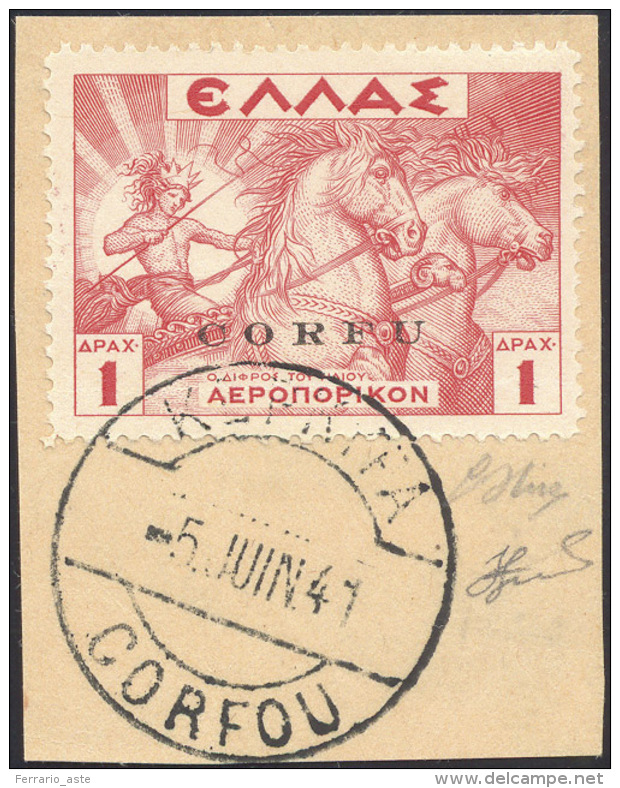 CORFU' POSTA AEREA 1941 - 1 D. Rosso (3), Usato Su Frammento, Perfetto. G.Oliva, Ferrario. ... - Autres & Non Classés