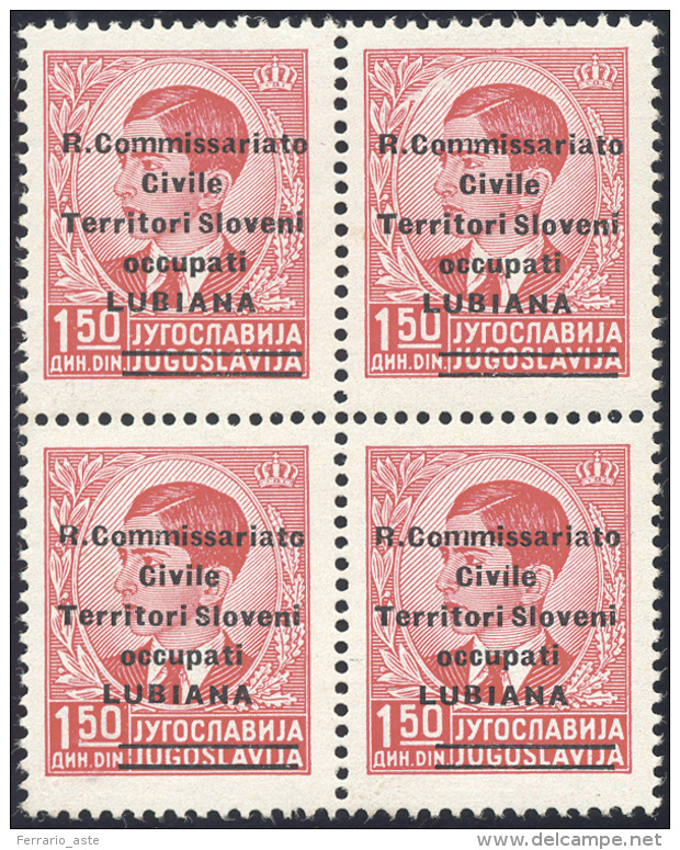 LUBIANA 1941 - 1,50 D. Rosso, Soprastampa Modificata (34), Blocco Di Quattro, Gomma Originale Integr... - Autres & Non Classés