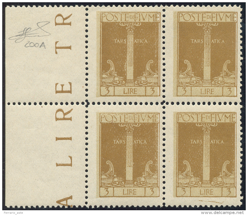 FIUME 1923 - 3 Lire Bistro Bruno, Errore Di Colore (200A), Blocco Di Quattro, Bordo Di Foglio, Gomma... - Autres & Non Classés