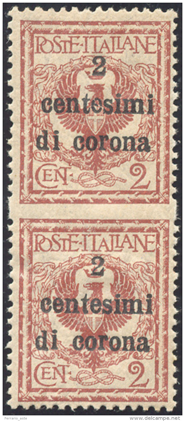 TRENTO E TRIESTE 1919 - 2 Cent. Su 2 Cent., Coppia Verticale Non Dentellata In Mezzo (2nh), Perfetta... - Other & Unclassified