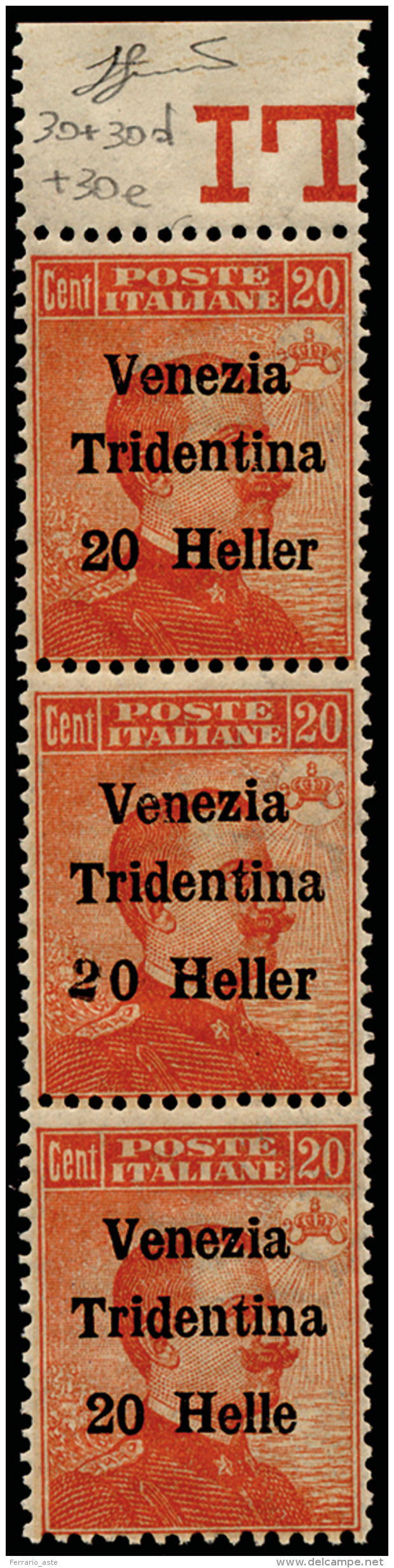 TRENTINO ALTO ADIGE 1918 - 20 Heller Su 20 Cent., Striscia Verticale Di Tre, Il Secondo Con Cifra "2... - Autres & Non Classés