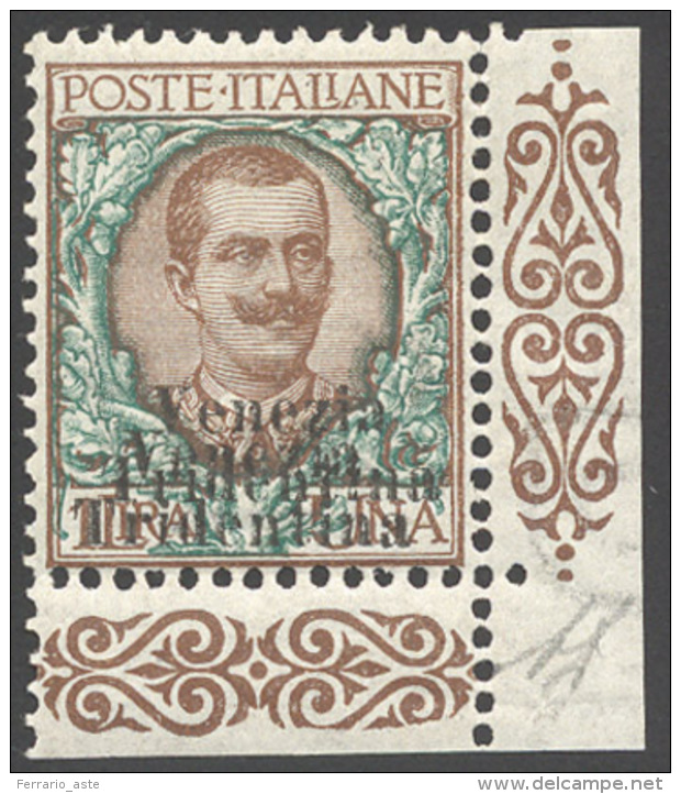 TRENTINO ALTO ADIGE 1918 - 1 Lira Bruno E Verde, Doppia Soprastampa (27b), Angolo Di Foglio, Perfett... - Autres & Non Classés