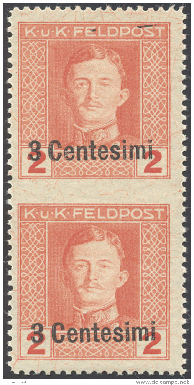 OCCUPAZIONE AUSTRIACA 1918 - 3 Cent. Su 2 H., Coppia Verticale Non Dentellata Al Centro (2d), Gomma ... - Autres & Non Classés