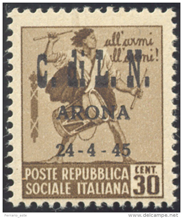 ARONA 1945 - 30 Cent. Senza Filigrana (17), Gomma Originale, Perfetto. Cert. Raybaudi. ... - Comité De Libération Nationale (CLN)