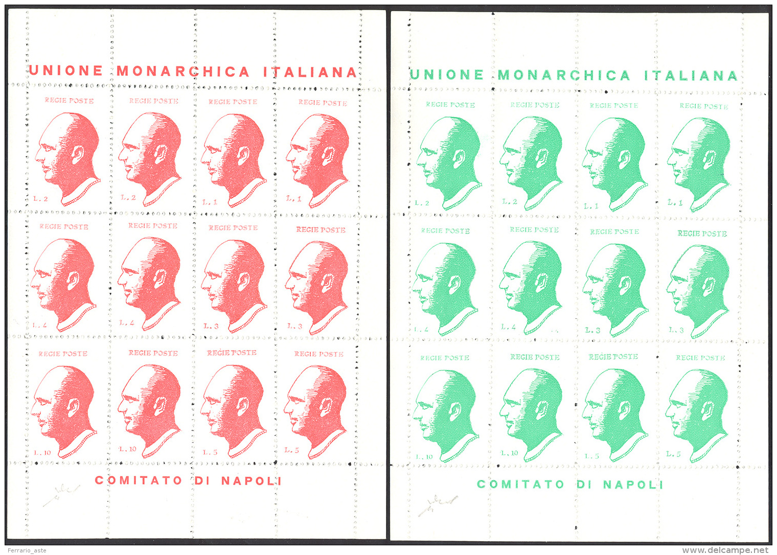 UNIONE MONARCHICA ITALIANA 1946 - 1/10 Lire Rosso E Verde Umberto II, Foglietti Completi Di 12 Valor... - Non Classés