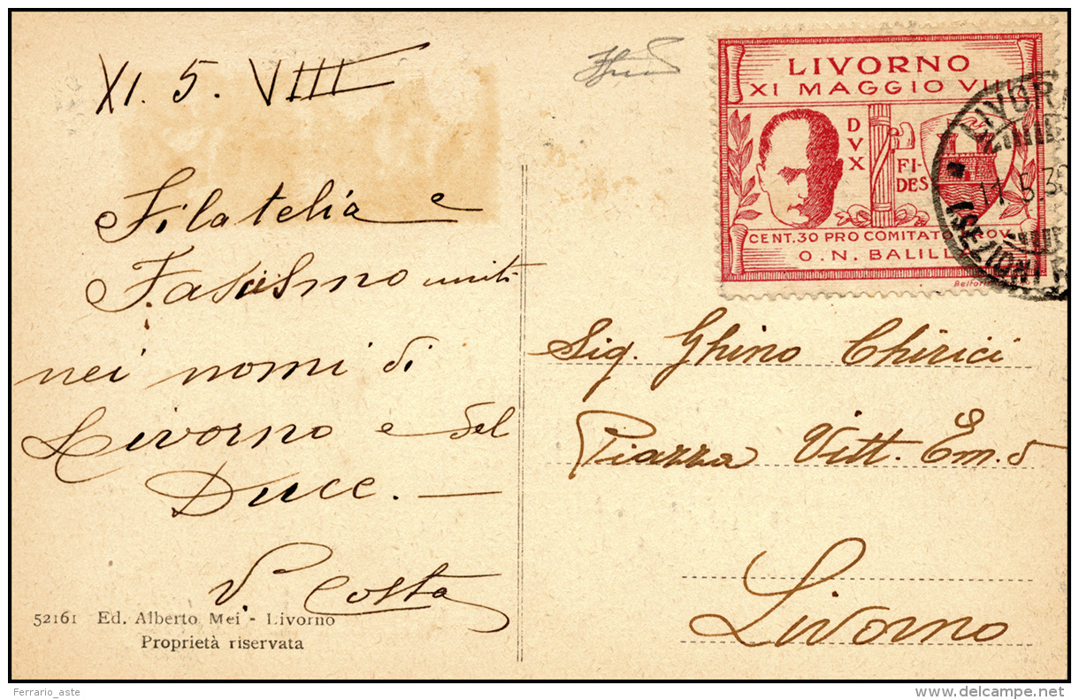 LIVORNO 1930 - 30 Cent. Rosa Lilla (1), Perfetto, Su Cartolina Da Livorno 11/5/1930 Per Citt&agrave;&nbsp;. Ferr... - Unclassified