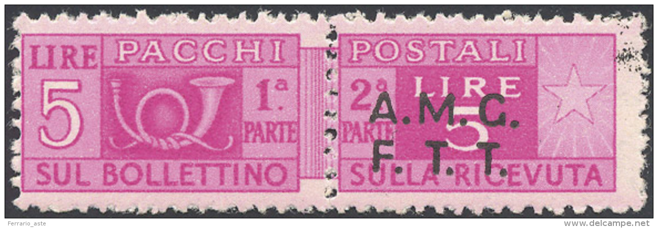 PACCHI POSTALI 1947 - 5 Lire, Soprastampa Su Due Righe, Mancante Nella Sezione Di Sinistra (5d), Gom... - Autres & Non Classés