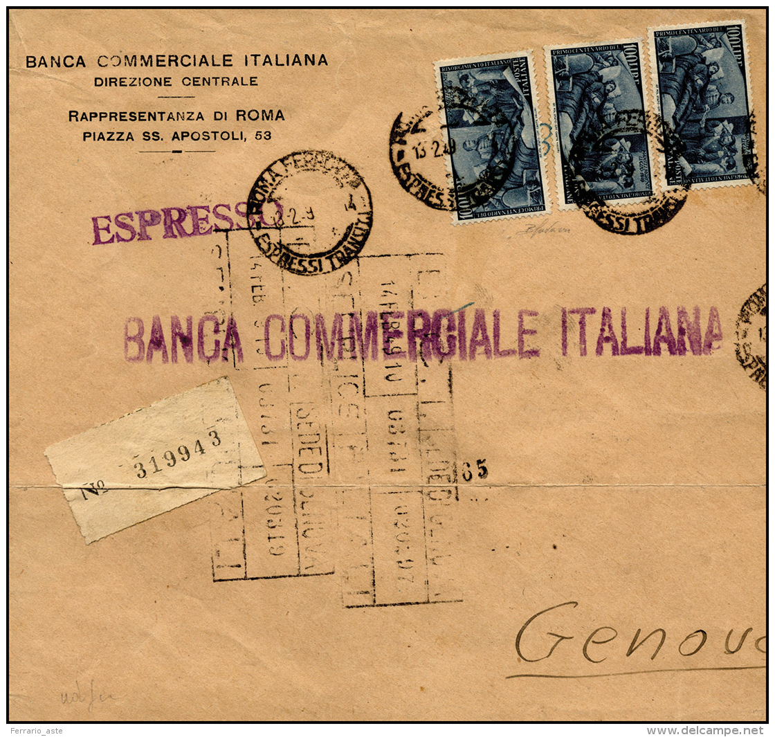 1949 - 100 Lire Risorgimento (591), Tre Esemplari, Perfetti Su Busta Per Espresso, Rifilata Sui Lati... - Autres & Non Classés