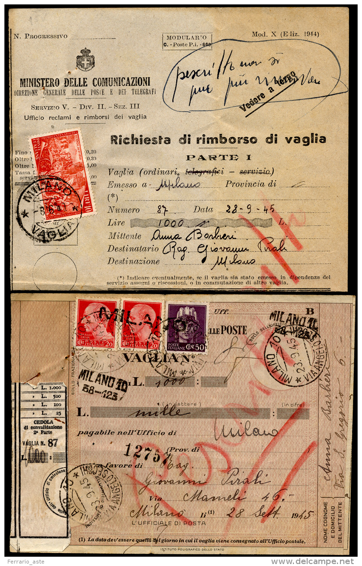 1949 - 10 Lire Risorgimento (585), Perfetto, Isolato Su Modello Di Richiesta Di Rimborso Vaglia Annu... - Autres & Non Classés