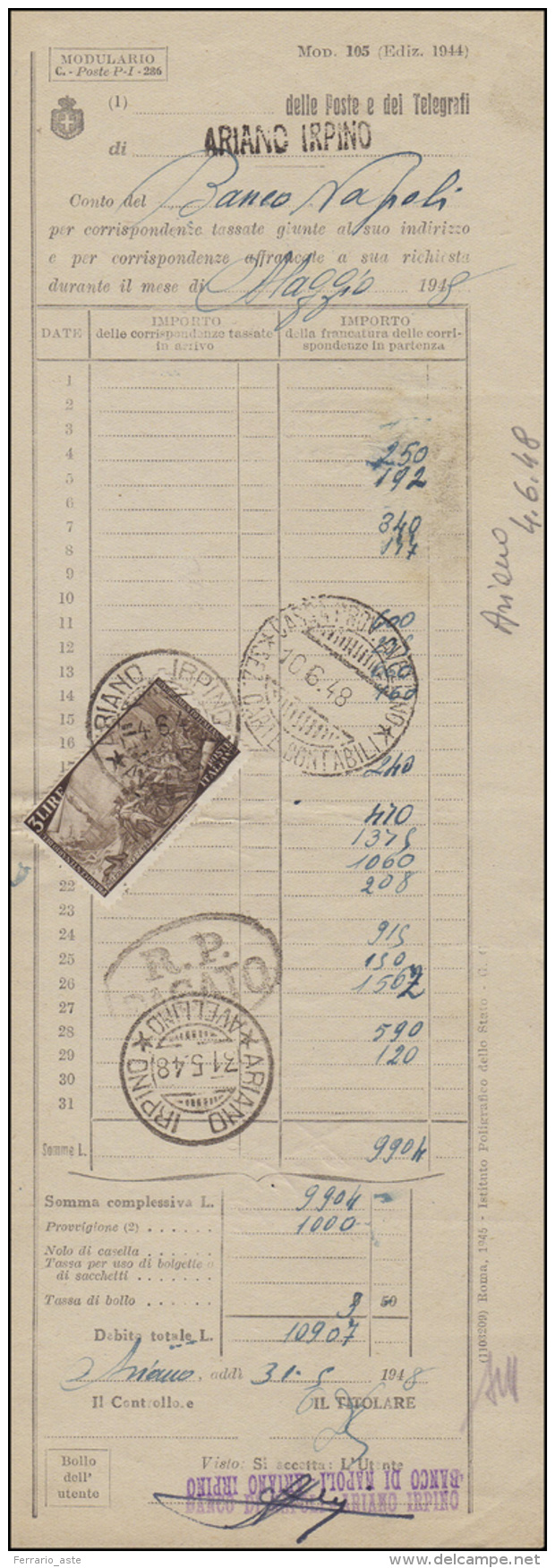 1948 - 3 Lire Risorgimento (580), Perfetto, Isolato Su Modulo Di Tassazione Cumulativa Per La "tassa... - Autres & Non Classés