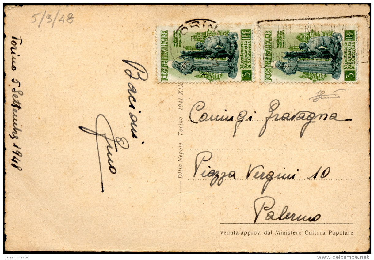 1948 - 3 Lire S. Caterina (574), Due Esemplari Perfetti Su Cartolina In Tariffa Da Torino 5/9/1948 A... - Autres & Non Classés
