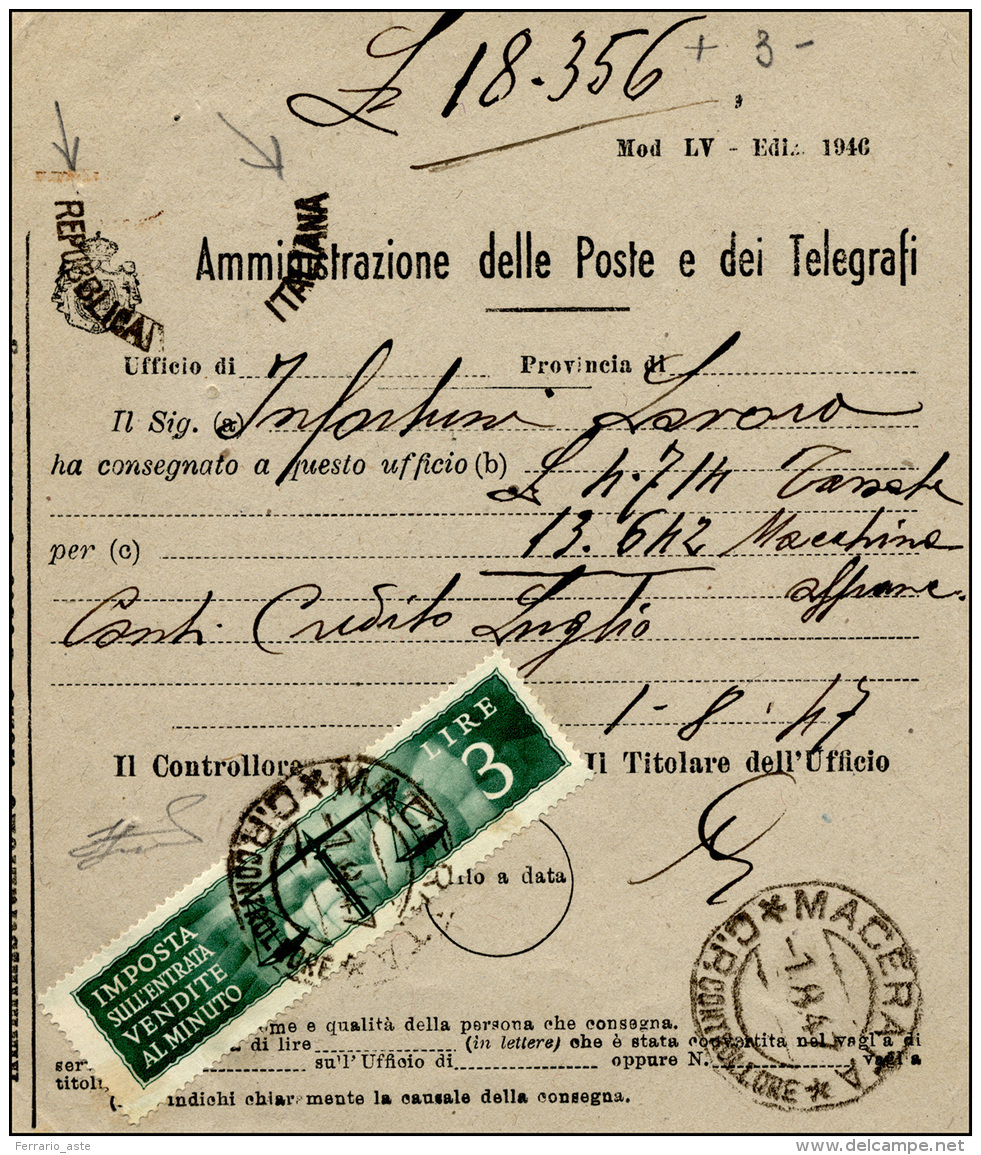 1947 - 3 Lire Marca Da Bollo "Imposta Sull'entrata Vendite Al Minuto", Perfetto, Su Modello Postale ... - Autres & Non Classés