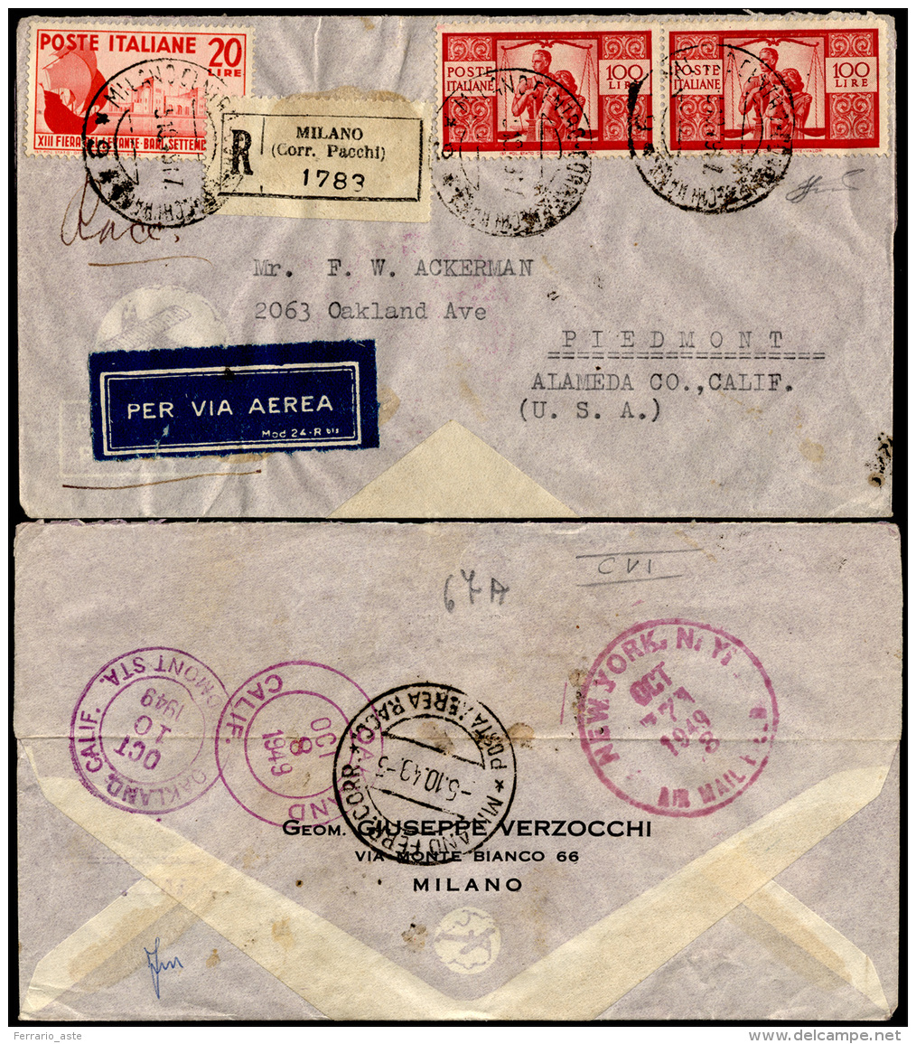 1949 - 100 Lire Democratica (565), Coppia Orizzontale E 20 Lire Fiera Del Levante (610) Su Busta Rac... - Autres & Non Classés