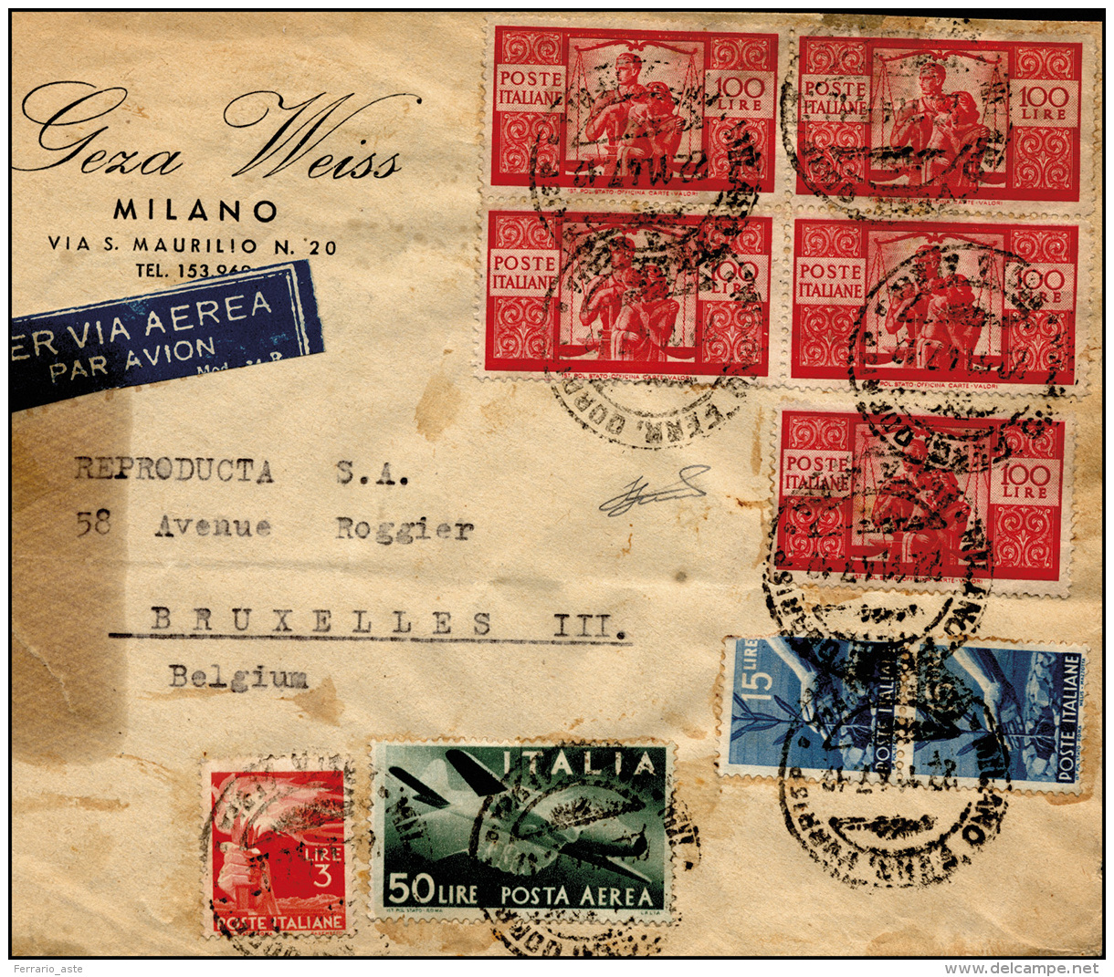 1947 - 100 Lire Democartica (565), Blocco Di Quattro E Singolo Con Complementari Su Busta Via Aerea ... - Autres & Non Classés