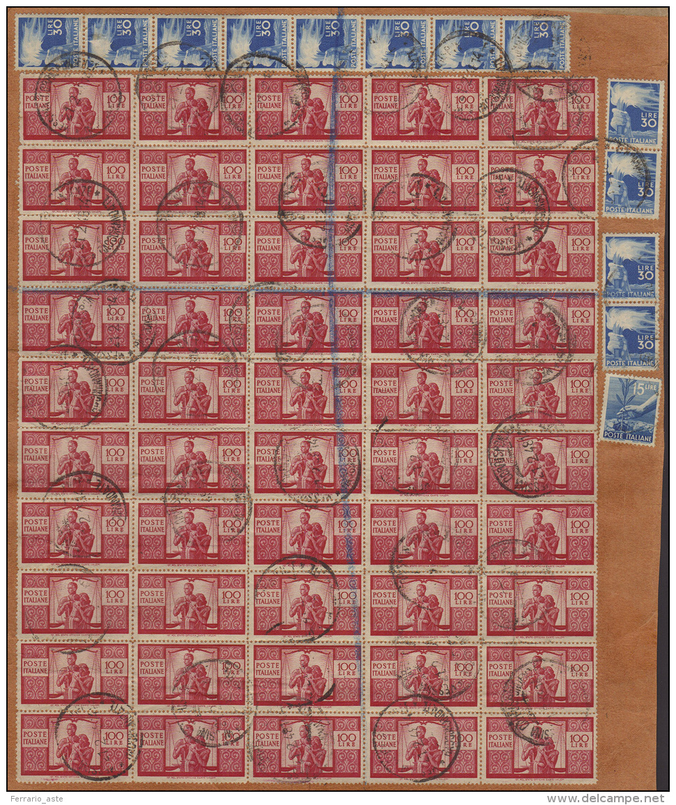 1948 - 100 Lire Democratica (565), Mezzo Foglio Di 50 Esemplari, Con Complementari, Su Grande Framme... - Autres & Non Classés