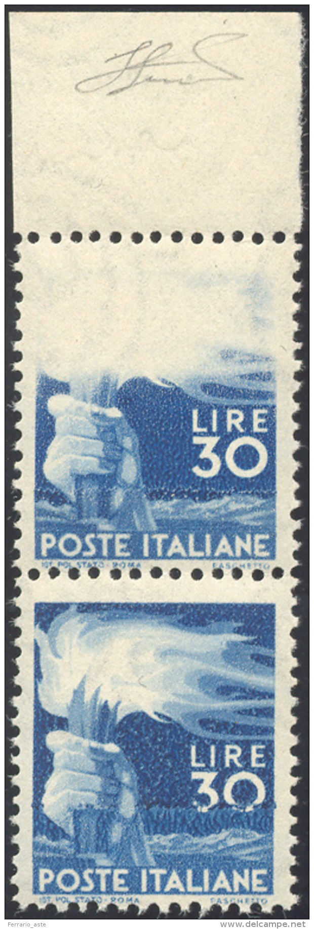 1947 - 30 Lire Democratica, Coppia Verticale Con L'esemplare Superiore Stampa Parziale E Quello Infe... - Autres & Non Classés