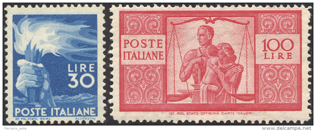 1946/47 - 30 E 100 Lire Democratica (563,565), Discreta Centratura, Gomma Originale Integra, Perfett... - Autres & Non Classés