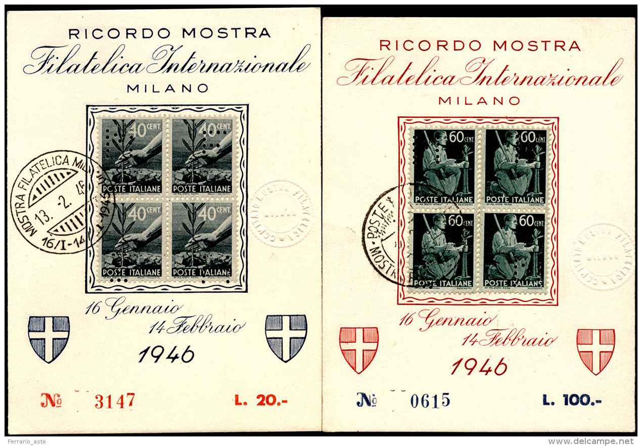 1946 - Due Cartoncini Della Mostra Filatelica Internazionale Di Milano, Rispettivamente Con 40 Cent.... - Autres & Non Classés