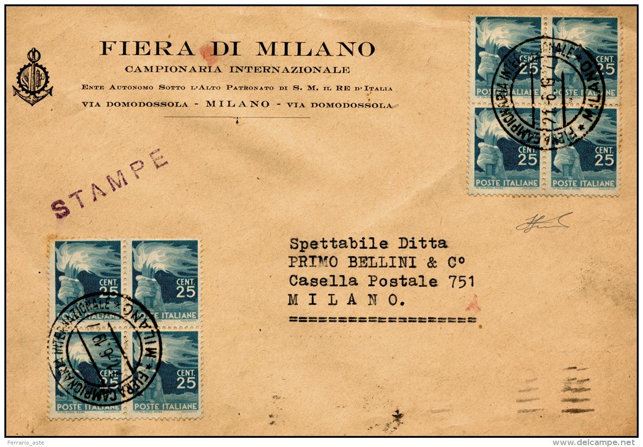 1947 - 25 Cent. Democratica (545) Due Blocchi Di Quattro In Tariffa Stampe Da Milano 21/6/1947 Per C... - Autres & Non Classés