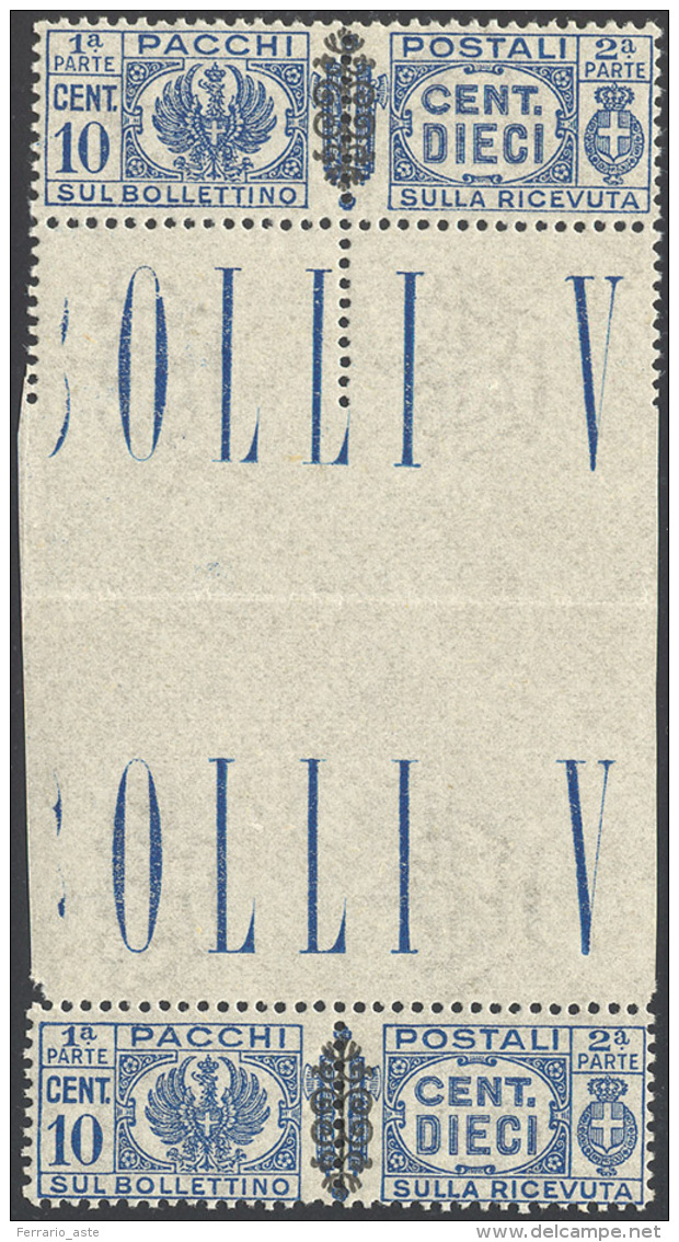 1945 - 10 Cent. Azzurro, Soprastampato (49), Coppia Verticale Con Interspazio Di Gruppo Al Centro, G... - Colis-postaux