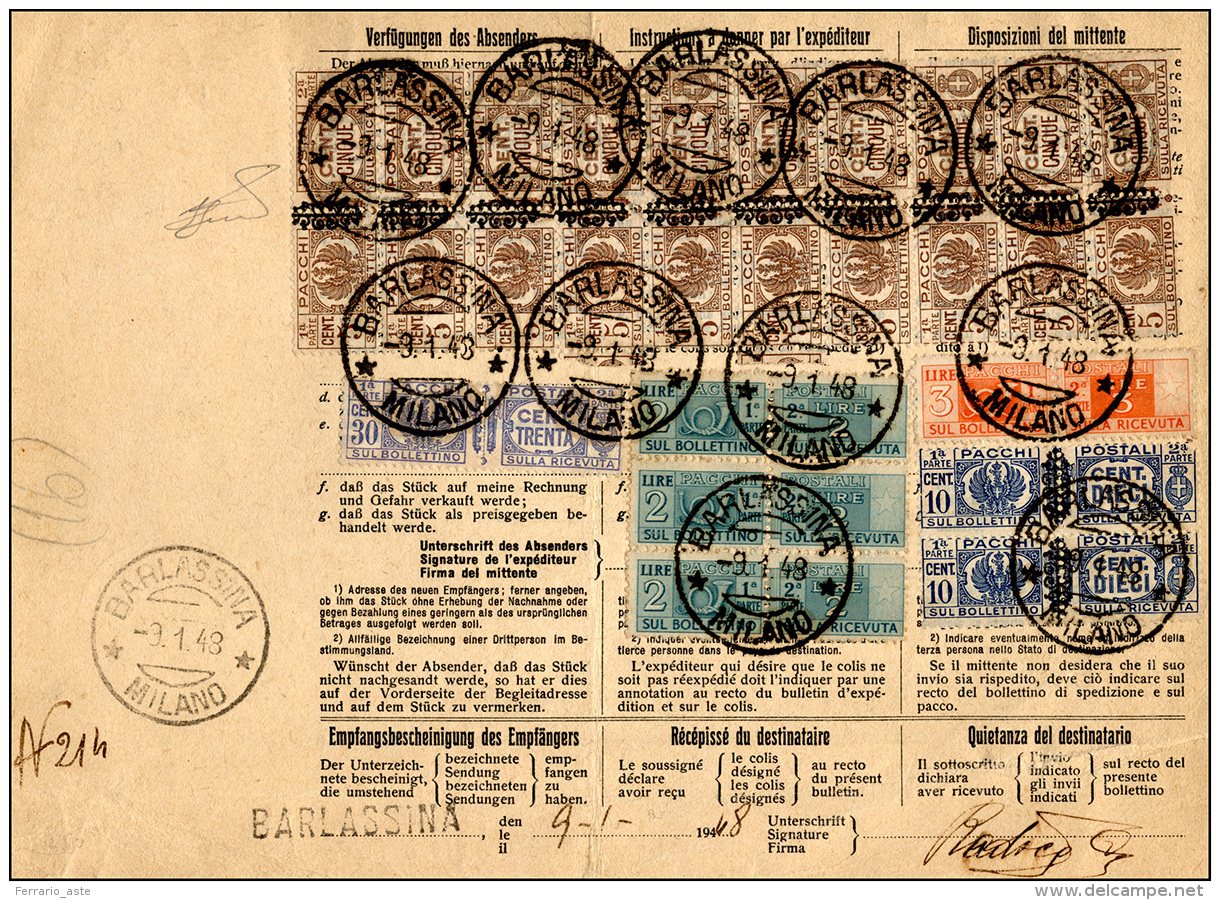1948 - 5 Cent., Striscia Di 10, E 10 Cent., Coppia, Soprastampati, In Affrancatura Mista Con 30 Cent... - Colis-postaux