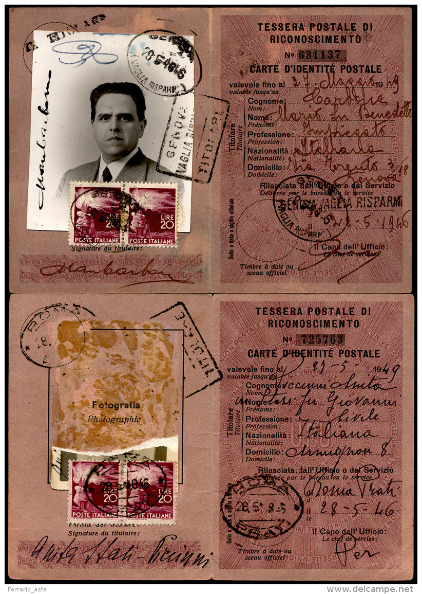 1946 - Tessera Di Riconoscimento Postale Con 20 Lire Democratica (561), Coppia Perfetta, Annullata A... - Autres & Non Classés