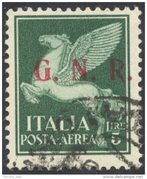 1943 - 5 Lire Soprastampa G.N.R. Di Brescia, III Tipo (123/III), Usati, Perfetto. Molto Raro! G.Oliv... - Poste Aérienne