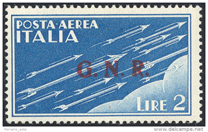 1944 - 2 Lire Soprastampa G.N.R. Di Brescia, "G.N." Del II Tipo E "R" Del III Tipo (122/IIa), Gomma ... - Poste Aérienne