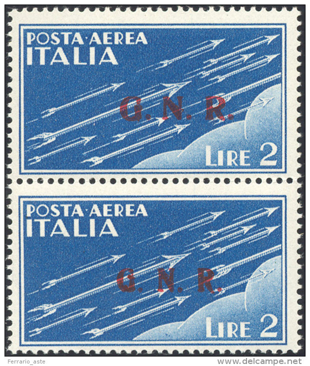 1945 - 2 Lire Soprastampa G.N.R. Di Brescia, Coppia Verticale, Il Primo Con Soprastampa Del II Tipo,... - Poste Aérienne