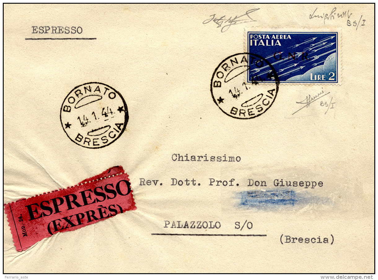 1944 - 2 Lire Azzurro, Soprastampa G.N.R. Del I Tipo, Tiratura Di Brescia (122/I), Perfetto, Isolato... - Poste Aérienne