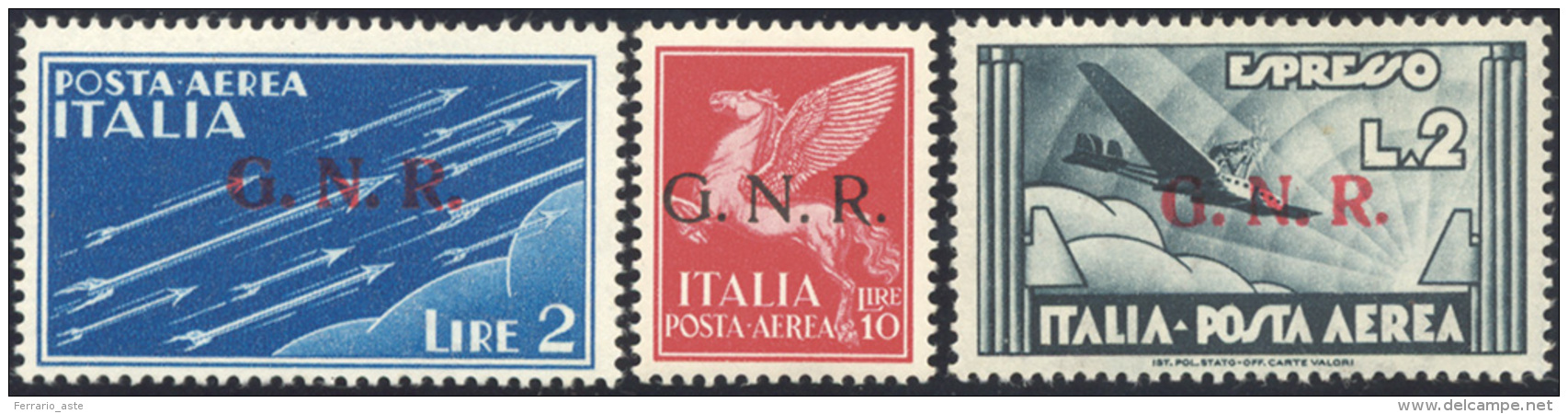 1944 - 2 E 10 Lire Posta Aerea E 2 Lire Espresso Aereo Soprastampati G.N.R., Ben Centrati, Gomma Ori... - Poste Aérienne