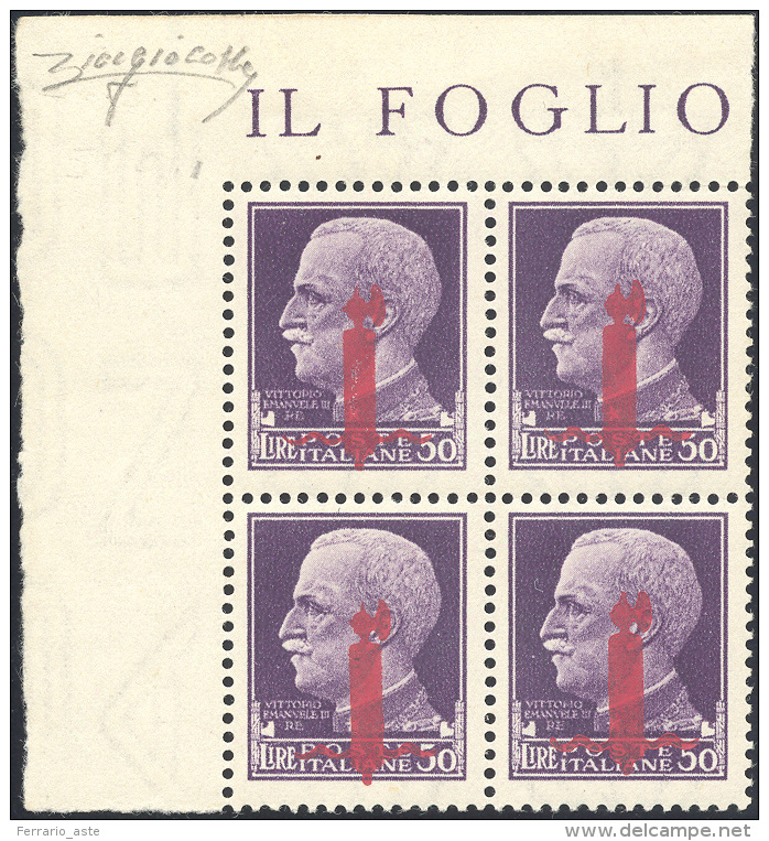 1944 - 50 Lire Soprastampa Fascetto In Carminio Lillaceo Di Firenze (500/I), Blocco Di Quattro Angol... - Autres & Non Classés