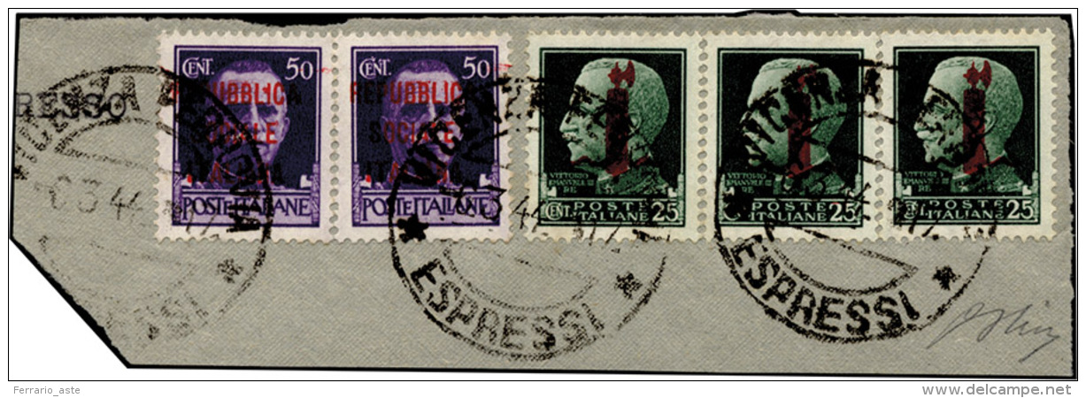 1944 - 25 Cent. Soprastampato Fascetto In Rosso (490), Tre Esemplari, Perfetti, Con Complementari, S... - Autres & Non Classés