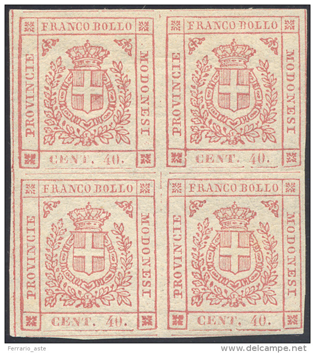 1859 - 40 Cent. Rosa Carminio (17), Blocco Di Quattro, Gomma Originale, Integra Per I Due Esemplari ... - Modena