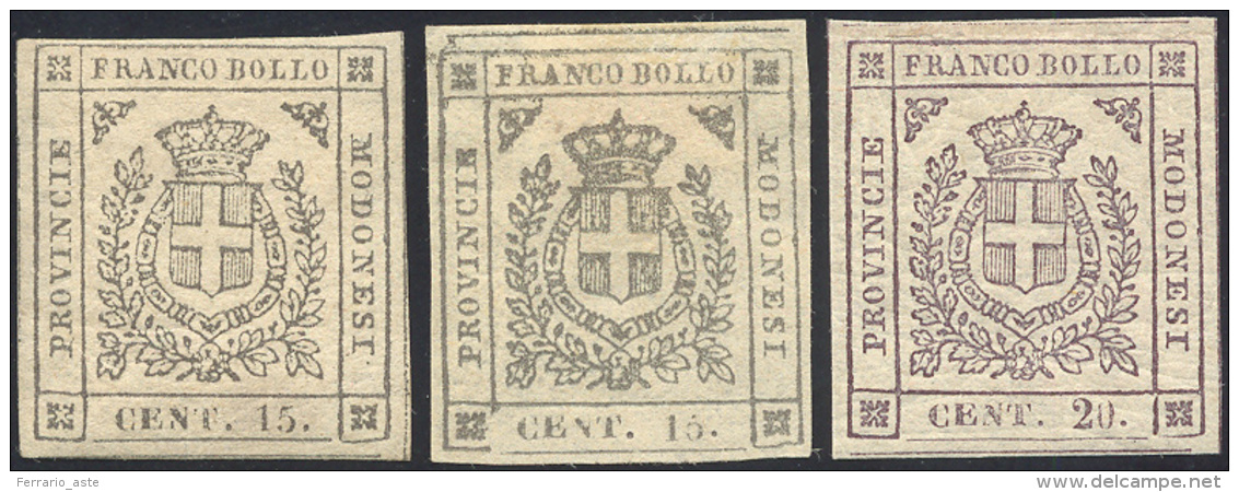 1859 - 15 Cent. Grigio, Due Esemplari Di Tinte Differenti, E 20 Cent. Lilla Violaceo Scuro (14,16b),... - Modène