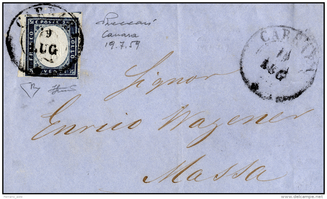 1859 - 20 Cent. Azzurro Scuro (Sardegna 15B), Perfetto, Su Sovracoperta Di Lettera, Senza Lembi Late... - Modène