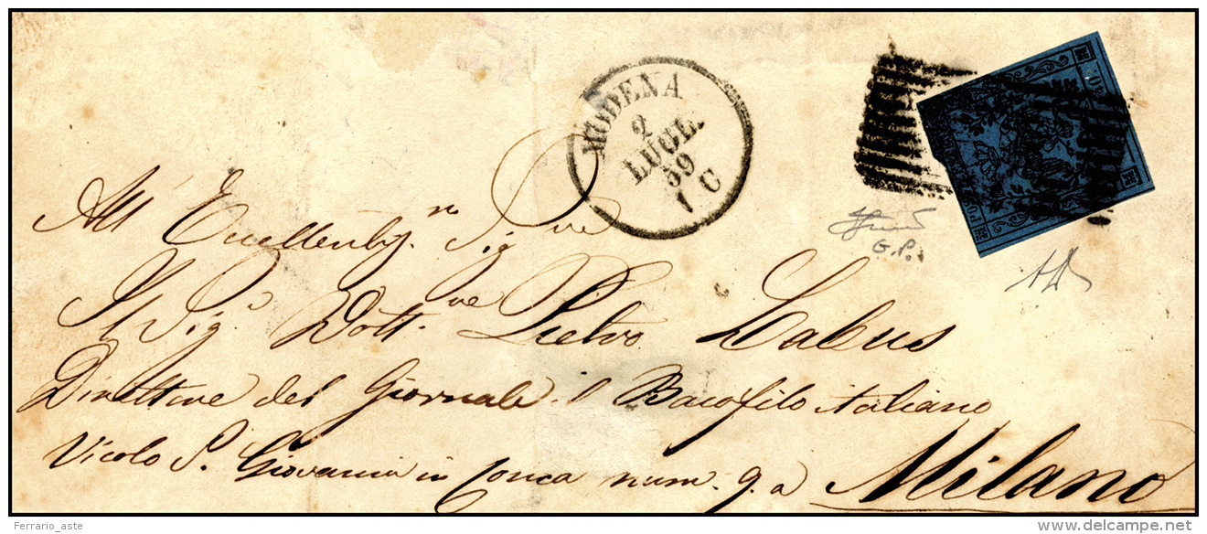 1859 - 40 Cent. Azzurro Scuro, II Emissione (10), Perfetto, Su Sovracoperta Di Lettera Da Modena 2/7... - Modène