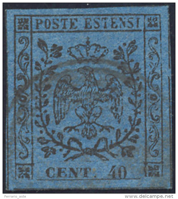 1859 - 40 Cent. Azzurro Scuro, I Emissione (B6), Perfetto, Annullato Con Il Bollo Con Lo Stemma Saba... - Modène