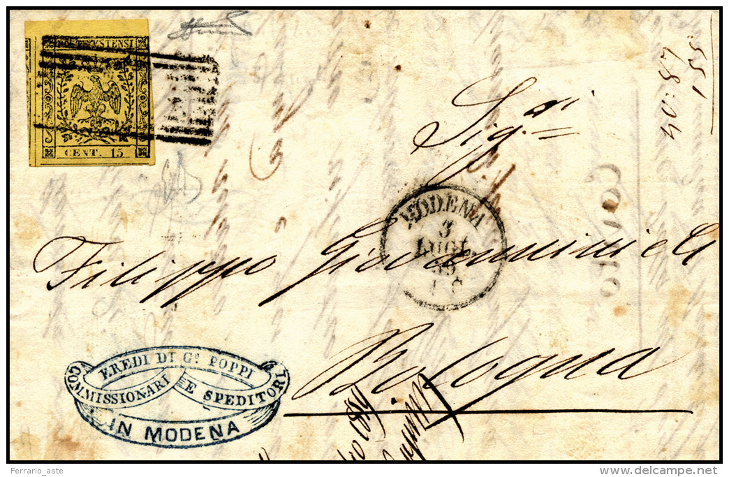 1859 - 15 Cent. Giallo (3), Bordo Di Foglio, Perfetto, Su Lettera Da Modena 3/7/1859 Per Bologna. Ra... - Modène