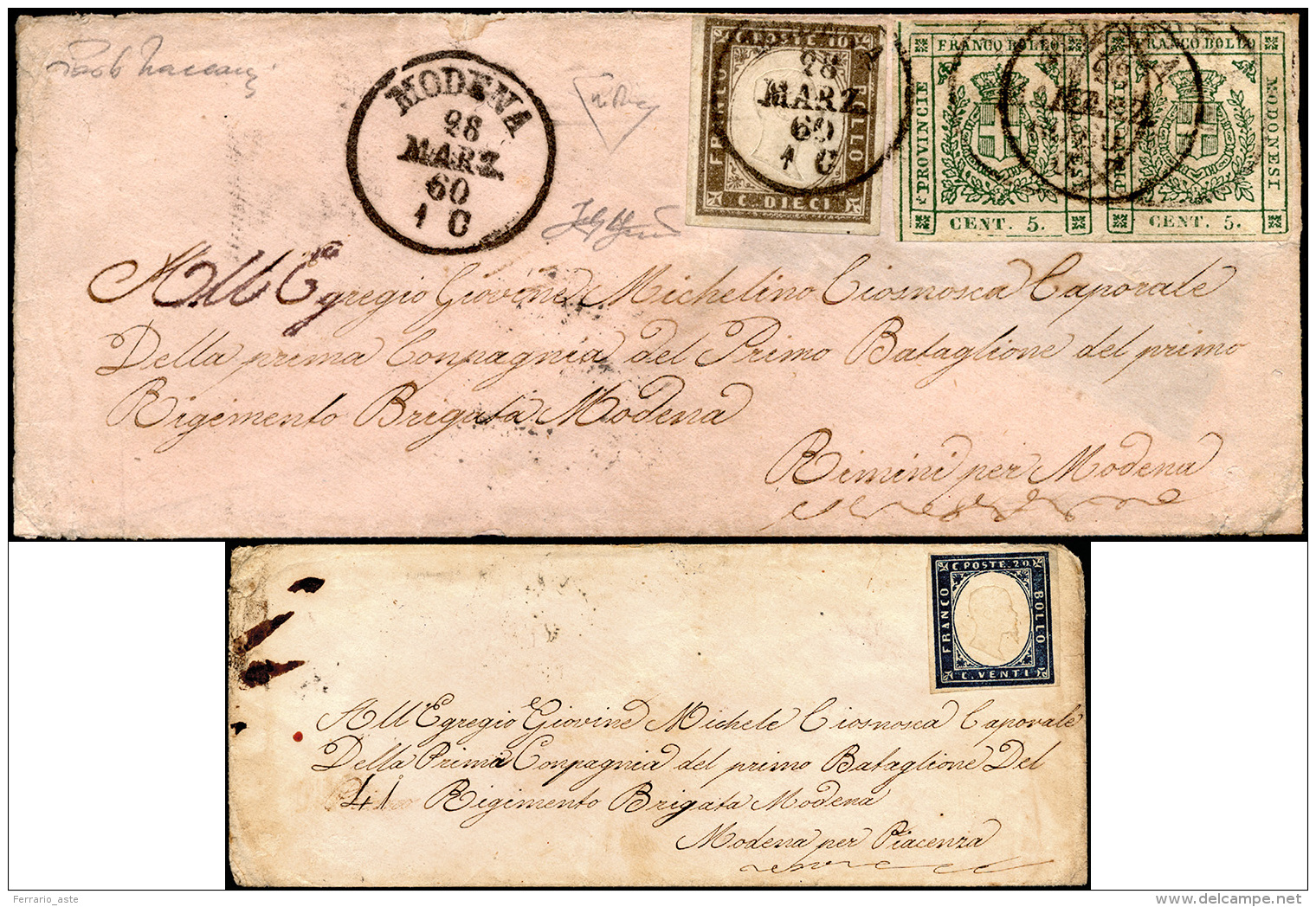 1860 - 5 Cent. Verde, Coppia Orizzontale (12), Perfetta, In Affrancatura Mista Con 10 Cent. Seppia D... - Modène