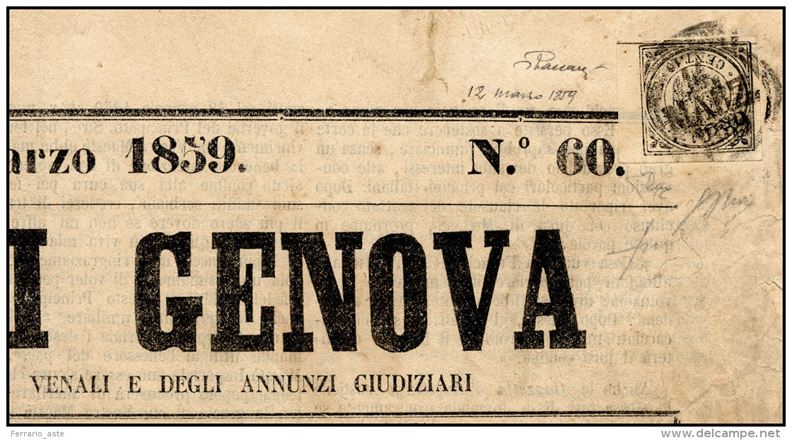 1859 - 10 Cent. Nero (5), Perfetto, Su Giornale "Gazzetta Di Genova", Usato In Arrivo A Modena 14/3/... - Modène